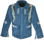 Men Western Cowboy Suede Fringe Jacket Beaded Native American Leather Jacket