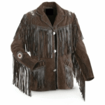 Men Western Cowboy Suede Fringe Jacket Beaded Native American Leather Jacket