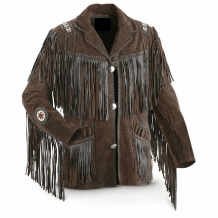 Men Western Cowboy Suede Fringe Jacket Beaded Native American Leather Jacket