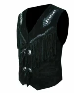 Men Black Suede Leather Western Style Vest Fringed & Beaded - Waistcoat - Image 3
