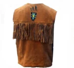 Men Suede Leather Western Style Vest Fringed & Beaded Waistcoat - Brown - Image 2