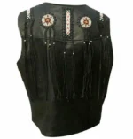 Men Real Leather Western Style Vest Fringed & Beaded Waistcoat - Black Leather - Image 2