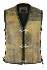 Men Brown Distressed Leather Fish Hook Buckle Side Lace Motorcycle Vest Biker - Image 3