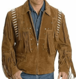 Men Western Cowboy Suede Fringe Jacket Beaded Native American Leather Jacket