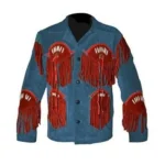 Men Western Cowboy Suede Fringe Jacket Beaded Native American Leather Jacket